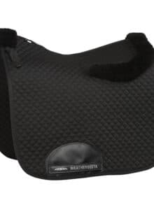 The WeatherBeeta Dressage Saddle Pad has a soft and durable polycotton outer with added premium thick rolled sheep wool to look like a built in half pad The PVC-covered girth patch provides added durability
